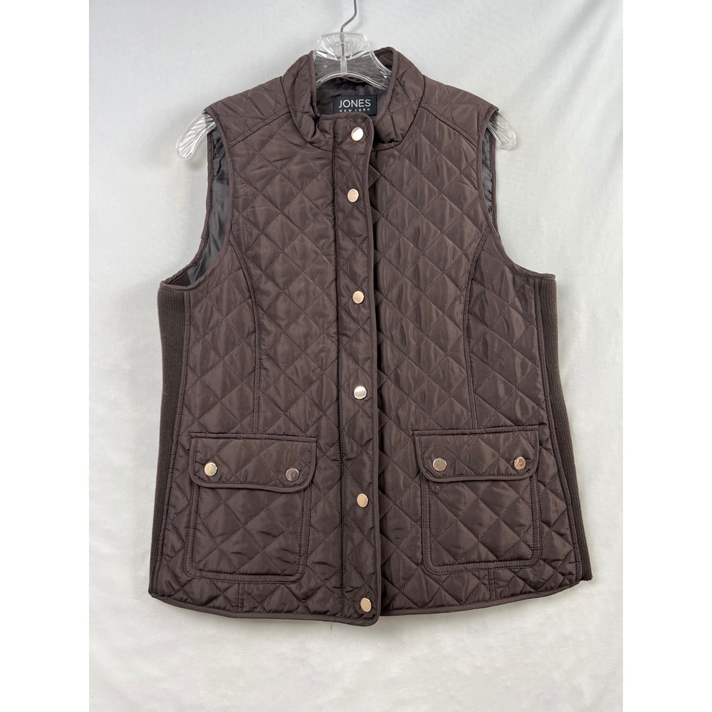 Jones New York Quilted Vest Womens PM Brown Snap Front Ribbed Side Panels